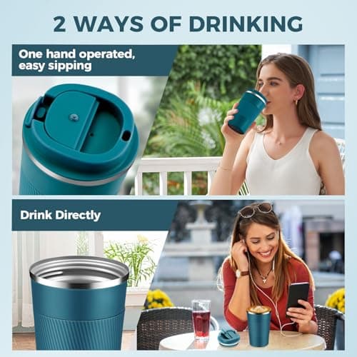 Volhoply 380ml 13oz Stainless Steel Insulated Travel Coffee Mug with Fip Lid Bulk 2 Pack,Reusable Double Wall Vacuum Metal Coffee Cup,Portable Leak Proof Tumbler for Hot & Cold Drinks(Bule,2) — view 5