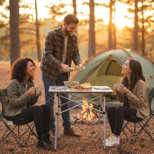 COSTWAY Aluminum Folding Camping Table, Roll Up Portable Picnic Table with Carrying Bag for 4-6 People, Steel Frame Fold up Dining Desk for Hiking Fishing BBQ (Square, Silver) — view 2