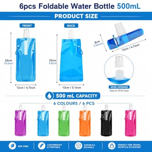 Trevixor 6Pcs Collapsible Water Bottle, Foldable Water Bottle, Festival Water Bottle Set, Reusable Folding Water Pouches with Clips for Travel, Events and Outdoor Use — view 2