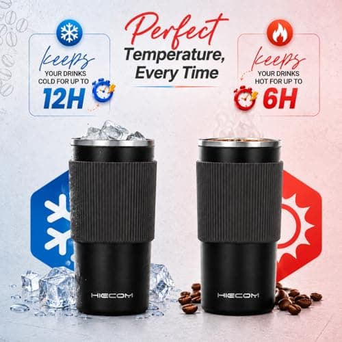 Hiecom Coffee Cup Travel Mug in Black – Vacuum Insulated Travel Mug | Leakproof Thermal Coffee Cup with Double-Wall Stainless Steel, Non-Slip Silicone Grip for Hot and Cold Beverages – 500ml — view 6
