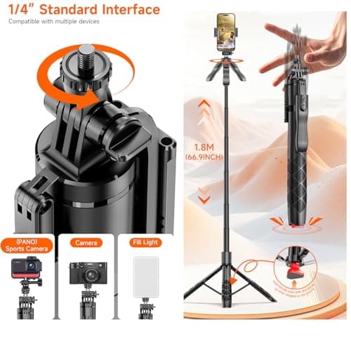 66.9'' Phone Tripod, Unique Auto-Pop Open Selfie Stick,Extendable Aluminum Smartphone Tripod with Remote & Steady Handle, 360 Rotating Portable Phone Stand Filming for iPhone Travel Vlog — view 4