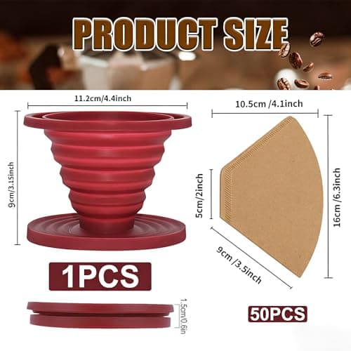 LAIYORA Collapsible Pour Over Coffee Dripper with 50 Filters Reusable Silicone Coffee Filter for Camping Travel Home Office V02 Size 2-4 Cups Red — view 3