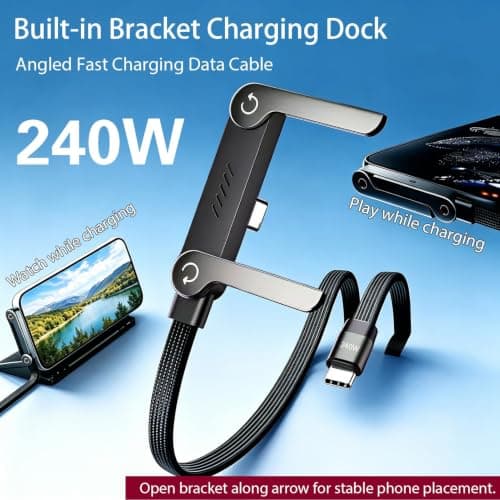 2 in 1 Invisible Holder Charger Cable with Stand, 240W PD Desktop USB-C to C & USB to C Charging Cables With Invisible 7FT/2M, 360° Adjustable Metal Stand for Gaming, Office, Travel, Home — view 2