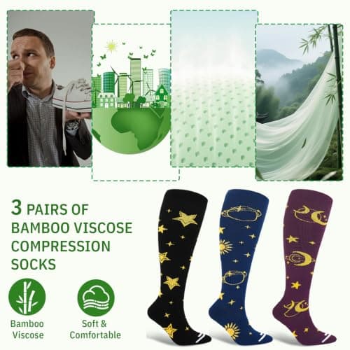 KKuSoxyy 3 Pairs Bamboo Compression Socks for Women Soft Flight Socks Moisture Wicking Knee High Cushioned Travel Socks for Long Flight Nurse Pregnancy 15–20mmHg S-M — view 5