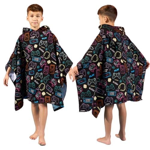 Dreamscene Hooded Towels for Kids Black, Gaming Kids Swimming Towel Beach Summer Holidays Kids Changing Robe Hooded Towel Lightweight Oversized Privacy, One Size