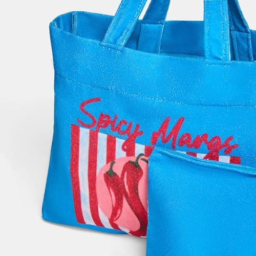 OHS Large Beach Bags for Women, Spicy Margs Slogan Beach Tote Bag with Matching Zip Pouch Waterproof Lining Reusable Grocery Bags for Women Travelling Shopping Pool, Blue — view 4