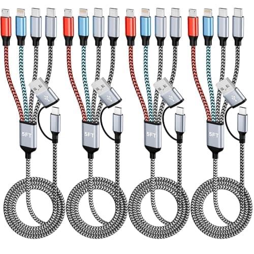 Travel 4 in 2 Multi Charging Cable, USB A/C Cable with Dual Type-C/IP/Micro USB, Travel Charger for Multiple Devices, Phone Charger Cord for iPhone 17/16/15/14, Galaxy, Android Pad, 5FT 4PCS