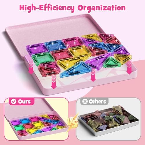 Travel Magnetic Tiles Glitter Construction Set 42pcs Travel Toys for Kids MINI Magnet Tiles with Iron Box Base, Magnetic Building Blocks Stem Toy Gift for 3+ Years Girl — view 4