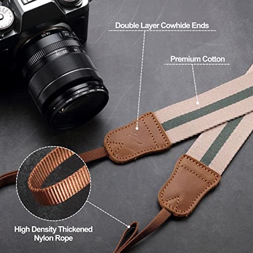 Padwa Lifestyle Stripe Camera Strap -Double Layer Crazy Horse Cowhide End,1.5" Wide Pure Cotton Woven Camera Straps,Adjustable Neck Shoulder Strap for All DSLR Cameras,Gift for Photographers — view 3