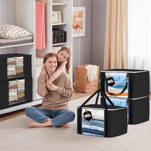 Joybees Clothes Storage Bags with Lids, 3-Pack, 90L Large Foldable Boxes with Zipper & Clear Window, Thick Scratch-Resistant Material, Moving & Bedding Storage, Black, 60 × 45 × 35 cm — view 2