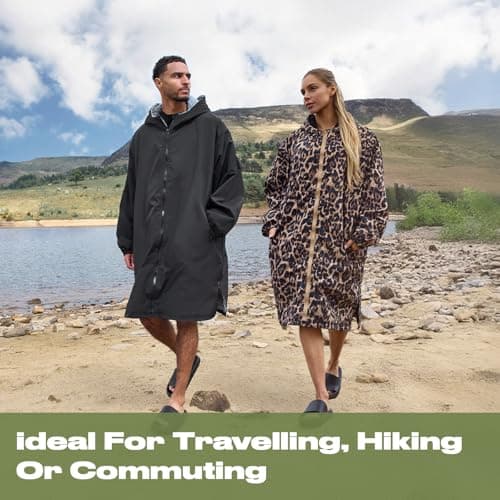 OHS Changing Rain Coat for Adults, Lightweight Breathable Waterproof Jacket for Swimming Surfing Packable Windbreaker Drying Robe with Pockets Active Outdoor Travel Jacket - Black — view 2