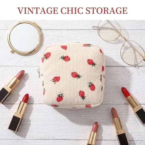 Small Makeup Bag for Purse, Cute Strawberry Beige Cosmetic Pouch, Mini Travel Toiletry Organizer with Zipper, Aesthetic Portable Storage for Women Girls Handbag Essentials — view 5