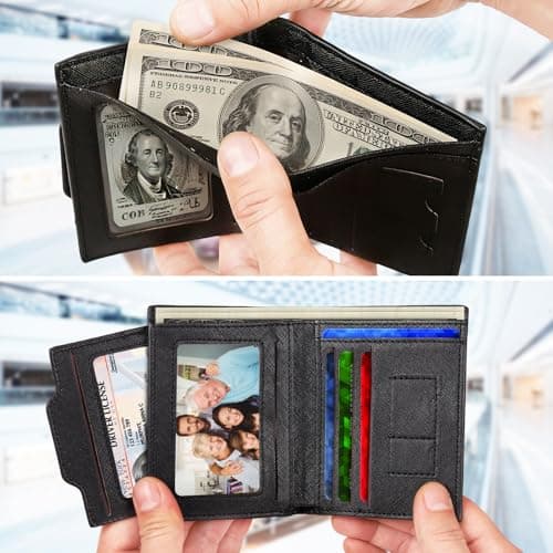 Men's Wallet, RFID Blocking Cross-Grain Leather Wallet with ID Window Card Holder, Business Travel Men's Wallet, Gift Wallet, Scratch-Resistant Synthetic Leather Wallet, Lightweight Daily Carry Walle — view 4