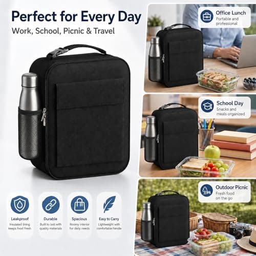 Lunch Bag for Men Women, Reusable Large Capacity Insulated Lunch Bag with Handle, Front Pocket and Side Mesh Holder, Portable Cool Bag for Work School Travel Picnic, Black — view 6