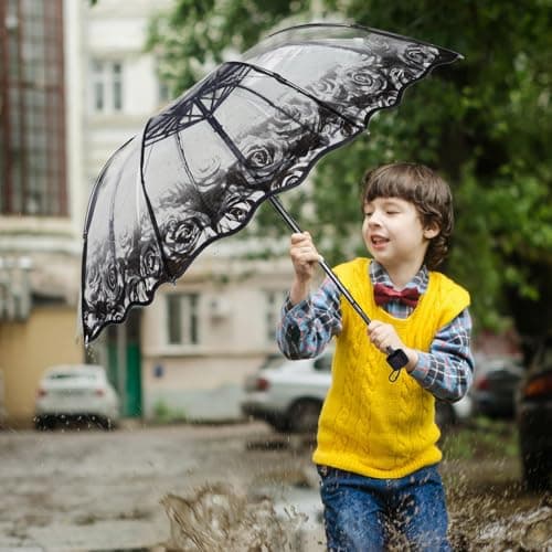 Black Rose Print Folding Umbrella, Portable Manual Travel Umbrella — view 5
