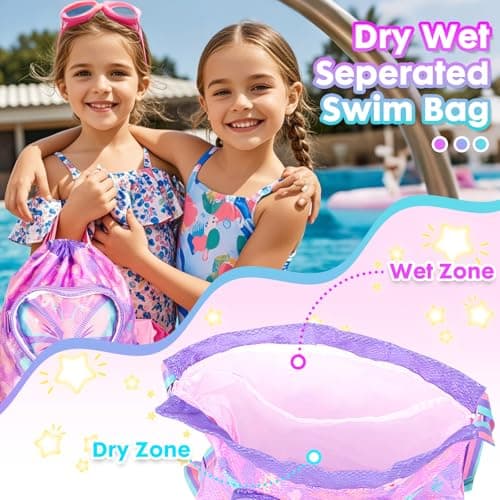 PinkSheep Swimming Bag for Kids, Gym Drawstring Backpack for Girls Boys - Waterproof Beach Bags with Shoes Compartment and Wet Proof Pocket for Swimming Pool Beach Travel School (Butterfly) — view 4
