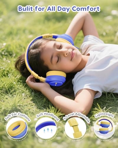 awatrue Kids Headphones, Wired headphones Kids with 74/85/94db Safe Volume, 3.5mm jack, Adjustable Headband, Foldable Over Ear Toddler Headphones for Plane/School/Travel/Tablet/Gifts (Blue Yellow) — view 4