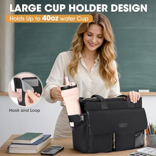 RAINSMORE Teacher Tote Bag for Women with Lunch Compartment 15.6 inch Laptop Bag Large Nurse Bag with Insulated Section Water-Resistant Lunch Bag Work Handbag for Office, College, Travel, Black — view 6