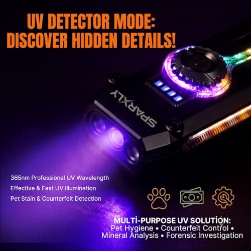 SPARXLY Rechargeable Torch Led Super Bright Flashlight - 1000lm Small Mini Pocket EDC Gear, Multifunctional Outdoor Lamp Camping Light with Cob RGB Side Light, Uv Light & Red Laser for Emergency — view 6