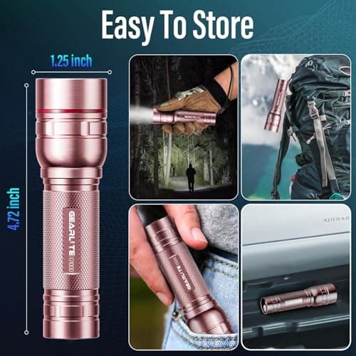 GEARLITE Rechargeable LED Torch, 2000LM Torches LED Super Bright with 3 Modes, Portable Small Torch with Battery, Waterproof Flashlight Zoomable for Power Cut, Emergency, Camping, Hiking, Outdoo- Pink — view 6