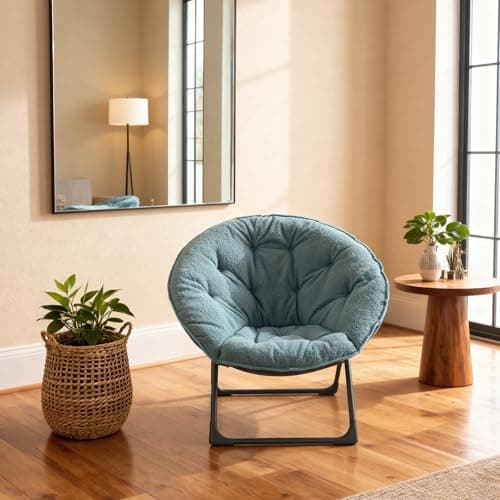 Portable Soft Moon Chair Folding Camping Chair Cozy Reading Chair Sheep Wool Accent Stool for Bedroom Balcony Relaxation Areas Gardens Patios80x80x37cm (Blue)