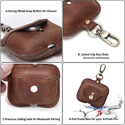 Hiram Genuine Crazy Horse Leather Earphone Case Compatible with AirPods Pro, Durable and soft leather headphone earbuds travel case with Key Chain — view 4