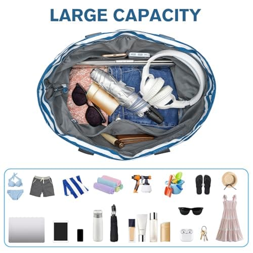 G4Free 50L Large Beach Bag Women Tote Bag with Makeup Bag Zipper Pocket Waterproof Sandproof (Navy Stripe) — view 4