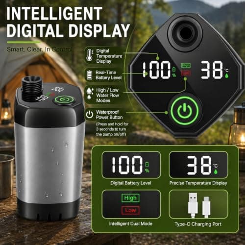 Romicta Portable Shower for Camping, 6000mAh Rechargeable Camping Shower with Intelligent LED Display, Foldable Bucket, 4 Spray Modes, IPX7 Waterproof Outdoor Camp Pump for Hiking, Travel, Car, Pet — view 2