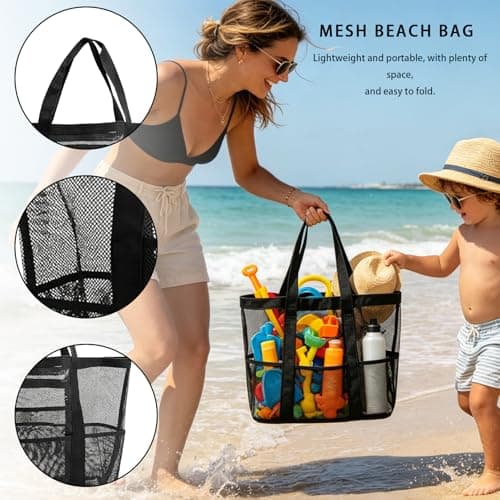 Mesh Beach Bag,Large Lightweight Tote Bag Sand Free 8 Pockets Beach Hollow — view 4