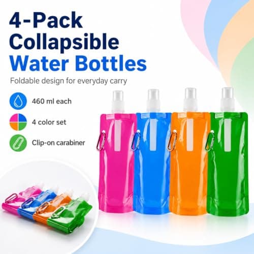 Tinminx 4 Pcs Collapsible Water Bottles, 480 ml Foldable Reusable Plastic Drinking Bottles with Metal Clip, Roll-Up Travel Water Pouches for Hiking, Camping, Cycling and Outdoor Sports — view 3