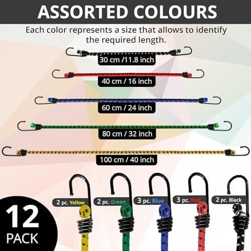 ANSIO Bungee Cords with Hooks, UV-Resistant Bungee Straps, 12 Pack Assorted — view 2
