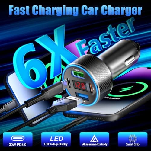 Car Charger Adapter with USB C Cable, 78W 4 Port Cigarette Lighter USB Charger Fast Charging Dual USB C Car USB Charger Adapter for iPhone 16 15 14 13 12, iPad, Samsung Glaxy, Android — view 2