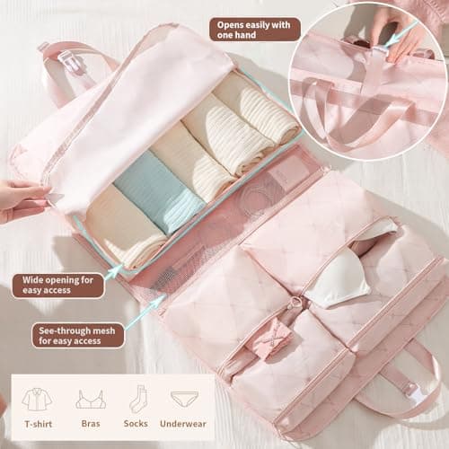 7-in-1 Travel Storage Bag, Foldable Hanging Packing Cube with Compartments for Clothes, Pink (Pink) — view 3
