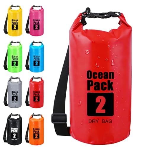 RONGZUBAT 2L Waterproof Dry Bag, Small Roll Top Dry Sack for Phone, Keys and Essentials, Lightweight Waterproof Bag for Kayaking, Paddle Boarding, Beach, Swimming, Camping and Travel - Red