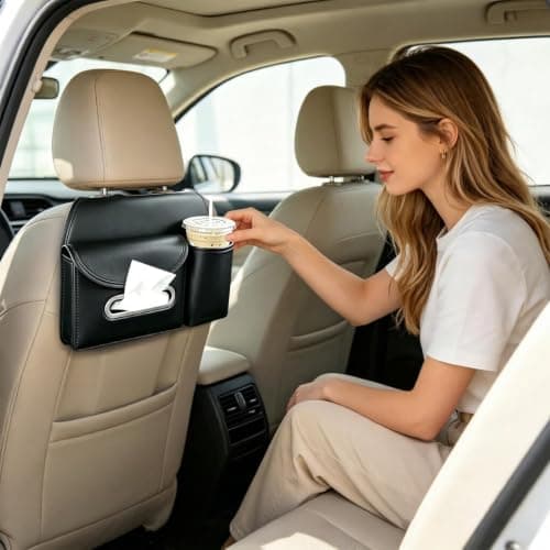 dzqad Car Organizer Back Seat Tissue Box Cup Holder PU Leather Storage Bag — view 2