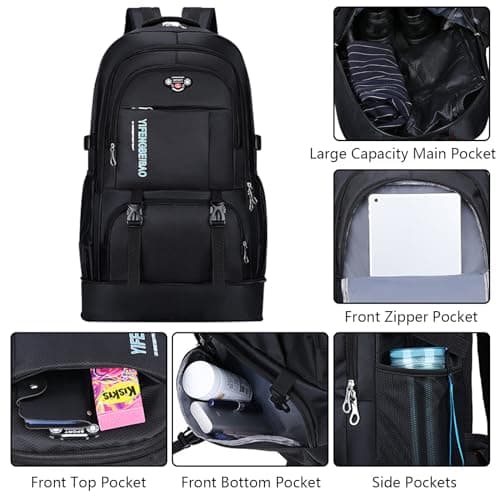 Wesoke 65L Hiking Backpack Expandable Travel Hiking Daypacks, Large Camping Backpack for Men Women, Foldable Lightweight Outdoor Sport Backpacking Backpack for Climbing Touringr, Black — view 5