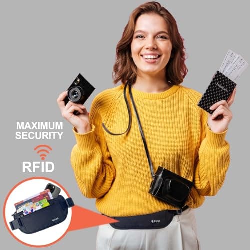 EGOO - Ultralight RFID Money Belt with Adjustable Elastic Strap for Travel Hidden Security Waist Money Pouch with Multi-Pocket + 3 RFID Card Protector Sleeve (Black) — view 3