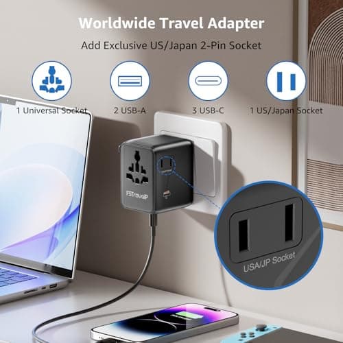 Universal Travel Adapter 70W Fast Charge, Travel Plug Adapter Worldwide with 5 USB Ports (2 USB C), Universal Plug Adaptor UK to World, Dual10A Fuses Travel Adapter Wall Charger for (Type A, C, G, I) — view 3