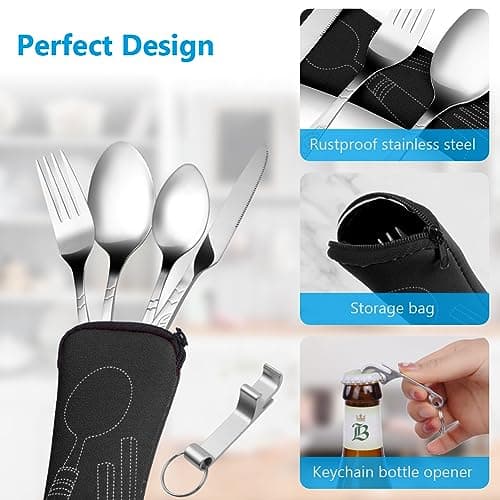 Vicloon 5 Pcs Cutlery Set with Portable Pouch Case, Stainless Steel Flatware Set with Bottle Opener, Travel Cutlery Set with Spoon, Knife, Fork, for Camping Picnic Office School Lunch, Black — view 3