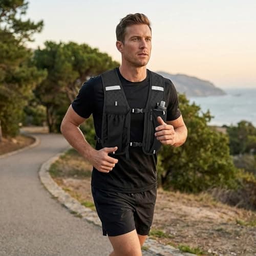 Running Vest with Water Bottles, Hydration Pack for Trail Running and Hiking, Adjustable Storage Compartments with Reflective Details for Outdoor Activities, Black Colour One Piece — view 6