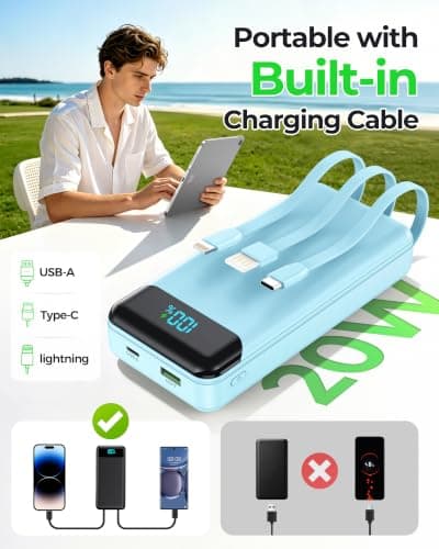 Power Bank 27000mAh,QC4.0 22.5W Fast Charging Portable Charger with Built-in 3 Cables, 4 Outputs & 3 Inputs Powerbank with LED Display for iPhone, Tablets and More Blue — view 5