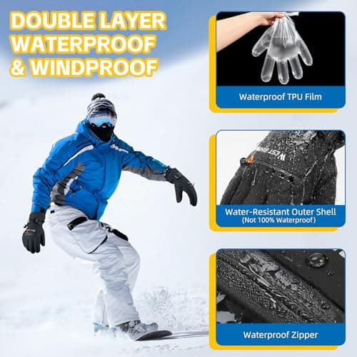 CYCLESPEED Ski Gloves for Men Women Waterproof Thermal Winter Glove Adult Unisex Snow Gloves for Skiing Snowboarding, Snowmobiling, Winter Hiking Outdoor Walking (Black, XL) — view 3
