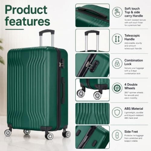 DK Luggage 28 Inch Large Hard Shell Suitcase 4 Wheel Spinner Checked Luggage, 23kg – 27kg Capacity ABS25 (Dark Green, 28" Large) — view 6