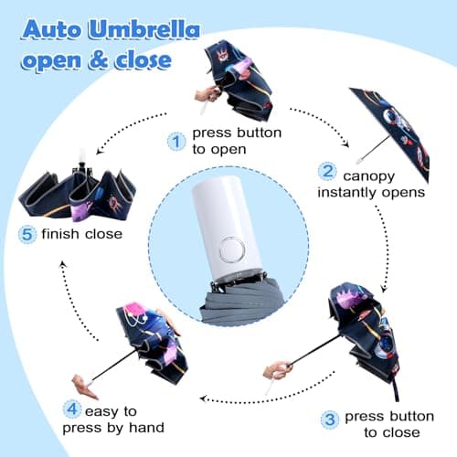 Decalsweet Kids Travel Folding Umbrella,Strong Windproof Automatic Compact Umbrella with Reflective Strips,UV Protection Sun Umbrella for Boys Girls-Astronaut Planet — view 6