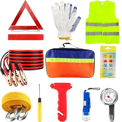 Houbobo Car Emergency Kit, 11PCS European Driving Travel Kits, Roadside Safety Tool Kit with Jump Leads, Warning Triangle, Hi-Vis Vest, Emergency Hammer, Tyre Pressure Gauge, Flashlight for Women Men