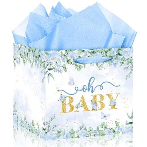 Extra Large Baby Boy Gift Bag, Baby Shower Square Gift Bags Blue Floral Wrapping Paper Bag Oh Baby Jumbo Gift Bags for Boys New Parents Gender Reveal Party Favors