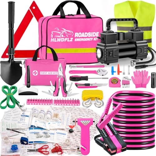 HLWDFLZ Car Emergency Kit - Portable Air Compressor, Winter Travel, Safety Kit for Cars, Trucks (Pink)