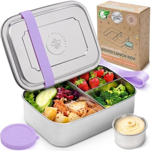 Everusely - Bento Box - Lavender, 47oz / 1.4 L - Large Stainless Steel Lunch Box & Leakproof Condiment Holder - 3 Compartment Snack Container Office Meals - Freezer & Dishwasher Safe