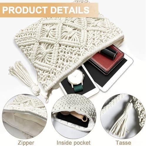 HRCOYES Cross Body Bag for Women, Handwoven Crossbody Purse, Summer Beach Straw Messenger Bag, Woven Cotton Handmade Shoulder Handbag (white) — view 5