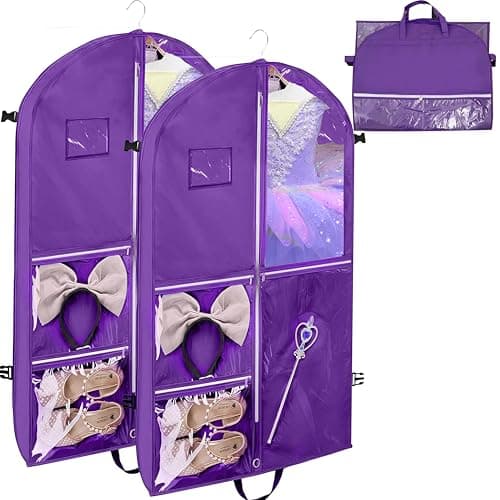 Punklong 2 Pack 40" Kids Suit Bag Dance Costumes Bags with 3 Zipper Pockets,ID Slot and Clear Foldable Suit Cover for Kids Women Hanging Clothes for Travel Competitions,110×60cm (Purple)